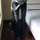 MQTIME  -  Women's Clothing Dark Blue Embroidery Jeans High Rise Side White Floral Rose Stitching Slim Flare Denim Trousers Casual Pants
