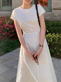 MQTIME  -  Summer Fashion Elegant Women's Solid Color Short Sleeve Casual Flying Sleeve Dress Korean Women Round Neck Long Tie Fit Dress