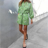 MQTIME  -  Women Summer Long Sleeve Playsuit with Waist Elastic Band Casual Stand Collar Pocket Loose Wide Leg Short Jumpsuit
