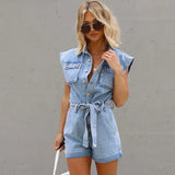 Mqtime  Casual Polo Collar Button-Up With Pockets Summer Jean Romper Women Flying Sleeve Belt Denim Playsuit