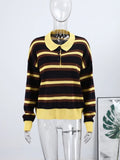  MQTIME  -  Woman Clothes Knitwear Pullover Sweater Striped Polo Neck Tops Casual Outerwears Trendy Casual Wear Fashion Sweaters Daily Look