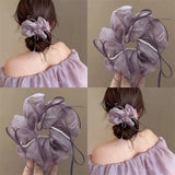 MQTIME  -  Summer Large Purple Silk Yarn  Large Intestine Ring  Bow Ribbon Hair Band  Mesh Pearl Hair Rope  Hair Accessories for Women