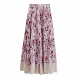 MQTIME  -  New Summer 2024 Women's Casual and Elegant Lace Patchwork Pleated Fashionable Mid Length Floral Skirt