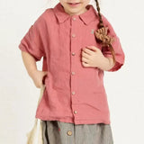 MQTIME  -  Boys And Girls Ramie Cotton Lapel Collar Short Sleeved Shirt Summer New Comfortable Cute Embroidered Children's Shirts
