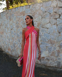 MQTIME  -  ﻿ Trendy Women's Halter Neck Striped Maxi Dress Chic Backless Sleeveless Fitted Long Dresses Summer Beach Vacation Party Gown