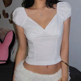 MQTIME  -  European and American style summer new women's clothing spicy girl low cut V-neck slim fit and slimming bubble sleeve shirt