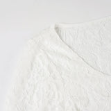  MQTIME  -  Women's White Lace Crop T-shirts with Front Knot & Bell Sleeves Sexy V-Neck See Through Floral Lace Tee Tops Casual Autumn Chic