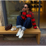 MQTIME  -  Striped Knit Pullover Women Polo Collar Half Single Breasted Long Sleeves Sweater Female Winter Chic Fashion Knitwears