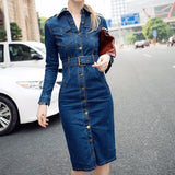 MQTIME  -  Fashion Long Denim Dress Women Elegant Deep Blue Single Breasted Bodycon Jeans Dress Female Casual Streetwear Mid-Carf Dress