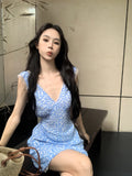 MQTIME  -  Floral Print Plunging Neckline Tank Dress with Lace Patchwork Blue Above Knee Mini Dress for Women Y2k Slim Sexy Clothes