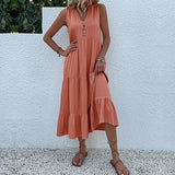 MQTIME  -  Solid Color Straight Tank Dress Sleeveless Holiday Viscose Maxi Dress Button Up V Neck Boho Dress Vacation Robes