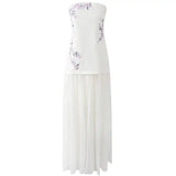 MQTIME  -  Gentle Floral Embroidery Strapless Maxi Dress Summer Slim Bodice Women Sheer Patchwork Vacation Wedding Guest Evening Long Dress