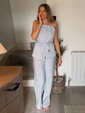 MQTIME  -  Solid Lace Up Women 's Pant Sets Square Collar Sleeveless Tank Top High Waist Wide Leg Pants Female Outfits 2025 Lady Outwears