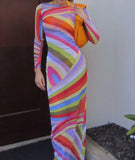MQTIME  -  Colorful Stripe Maxi Dress Women Chic Off Shoulder Long Sleeve Tulle See Through Slim Dresses Summer Lady Vacation Robes