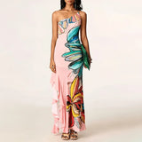 MQTIME  -  Women One‑Shoulder Maxi Dress Abstract Art Print Sleeveless Asymmetrical Ruffle Split Hem Dress Elegant Cocktail Bodycon Dresses