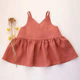 MQTIME  -  Girls Ramie Cotton V-Neck Camisole Suit Summer Vacation Baby Girl Sleeveless Top + Elastic Waist Shorts Two-Piece Set Clothes
