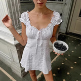 MQTIME  -  French Style White Lace Trim Short Sleeve Dress 2025 Summer A Line Bow Tie Casual Mini Dress