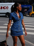MQTIME  -  Women Vintage Short Sleeve Denim Top Short Skirt Sets Lapel Pleat Slim Buttons Shirt Dress 2 Piece Outfits Soild High Street Set