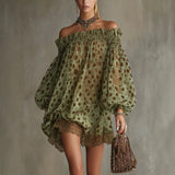 MQTIME  -  Elegant Gemstone Green Dresses Women Polka Dot Party Club Mini Dresses Shoulder Off Slash Neck Puff Sleeve Loose Evening Outfits