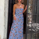 MQTIME  -  Bohemian Off Shoulder High Waist Long Dress Elegant Strapless Split Holiday Dress Fashion Floral Print Folds Women's Party Dress