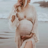 MQTIME  -  Lace Ruffle Maternity Photography Props Long Maxi Dresses Baby Shower Pregnancy Photo Shoot V Neck Chiffon Bridal Gown Wedding