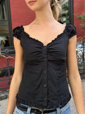 MQTIME  -  Women T-shirt Preppy Button Down Blouse Tops Y2k Vintage Cap Sleeve 00s Aesthetic Fairy Frill V Neck Crop Tops Milkmaid Vest