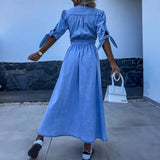 MQTIME  -  Summer New Sexy V-neck Women Long Dress Fashion Button Female Slim Denim Dresses