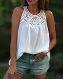 MQTIME  -  New Women's Fashion Versatile Sleeveless Lace Crochet Splicing Hollow Out Casual T-Shirt Top