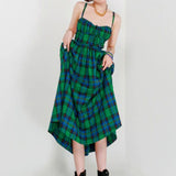 MQTIME  - Vintage Green Plaid Dresses Women Midi Sexy Backless Beach French Victorian Dress Retro Elegant Lace-up Long Strap Dress