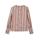 MQTIME  -  Autumn New Female Chic Blouse Women's Loose Fit Striped Print Shirt O-neck Puff Sleeve Single Breasted Simple Casual Top