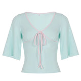MQTIME  -  Sweet Contrast Color V Neck Half Sleeve Temperament Slim All Match Y2k Knitted T-Shirts