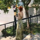 MQTIME  -  Women Green Tie Dye Maxi Slip Dress Spaghetti Strap Summer New Backless Slim Sleeveless Flowy Bodycon Casual Vacation Long Dress