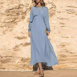 MQTIME  -  Fashion Solid Color Long Sleeve Pleat Dress Elegant O Neck Loose Beach Dress Summer New Simple Backless Women's Commuting Dress