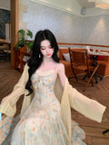 MQTIME  -  Summer Floral Printed Long Dress Women Patchwork Lace Chiffon Fairy Dress Casual Gold Stamping Bow Tie Suspender Dress