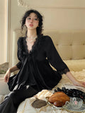 MQTIME  -  Spring New Lace Pajamas Suit Princess Style Nightwear  Rayon Stain Solid Long Sleeve Deep V-Neck Home Clothes