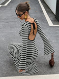 MQTIME  -  Slim Fit Knitted Long Sleeve round Neck Bell Bottom Striped Dress Cross Border New Style Fresh Sweet Style Casual Dress
