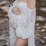  MQTIME  -  Maternity Dress Soft Stretchy Lace Off Shoulder Doubly Split A line Skirt Pregnancy Maxi Gown for Photoshoot