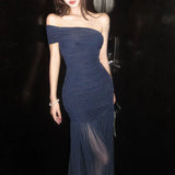 MQTIME  -  Mesh Navy Glitter Off Shoulder Mermaid Maxi Dress Women Ruched Bodycon Summer Sheer Elegant Slash Neck Long Evening Party Gown