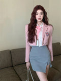 MQTIME  -  Sweet Girls Sexy Skirt Sets 2024 Fall Summer New Pink Jacket+Shirt+mini Skirt 3 Pieces Sets Preppy Style Women 2 Piece Outfits