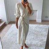 MQTIME  -  New Ladies Autumn and Winter Style Elegant Sexy V-neck Solid Color Long Women's Lace Bandage Sweater Robe Sweater Wrap Dress