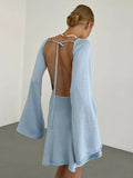 Mqtime Elegant Solid Backless Lace Up Knit Mini Dress Women U-neck Flare Long Sleeve A-line Dresses 2024 Summer Lady Beach Chic Robe
