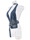 MQTIME  -  Sexy Blue Denim Short Halter Vests Women Chic Sleeveless Backless Off Shoulder Hollow Out Tops 2025 Summer Night Club Party Wear