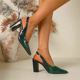 MQTIME  -  Size 42 Elegant Pointed Toe Block High Heels Slingback Pumps Summer Vintage Green Brown Party Dress Shoes Women