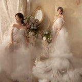 MQTIME  -   Women Elegant Heavy Embroidery White Off Shoulder Train Maternity Wedding Gown for Pregnancy Photo Shoot Studio Portrait Dress