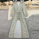 MQTIME  -  Summer Lantern Long Sleeve Split Pleated Dress Elegant High Waist Loose Party Dress Bohemian Style Printed V-neck Vacation Dress