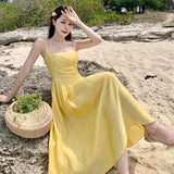 MQTIME  -  Yellow Elegant Slim Backless Pleated Slip Long Dresses Women High Waist Sleeveless Backless Sexy Birthday Party Dress Summer New