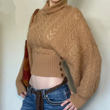 MQTIME  -  Retro Autumn Solid Knitted Hollow Sweater Women Turtleneck Full Batwing Sleeve Loose Casual Versatile Street Pullovers