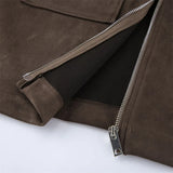 MQTIME  -  Retro Lapel Collar For Women Brown Suede Full Sleeve Big Pocket Zip Short Coat 2025 New Lady Autumn Chic High Street Jackets