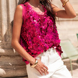 MQTIME  -  Summer Elegant O-neck Hight Street Loose Blouse Women's Casual Solid Color Shirt Fashion Shiny Sequins Sleeveless Pullover Tops