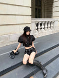 MQTIME  -  French Y2K 2 Piece Set Women Black Double Breasted Puff Sleeve Crop Top Low-Rise Mini Shorts Daily Slim Fit Party Outfit